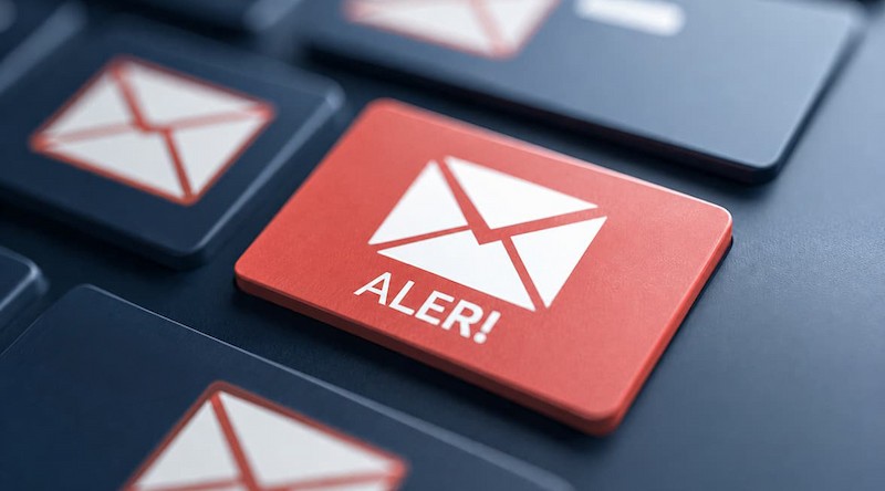 A red email alert button surrounded by dark envelope icons, symbolizing email security threats.